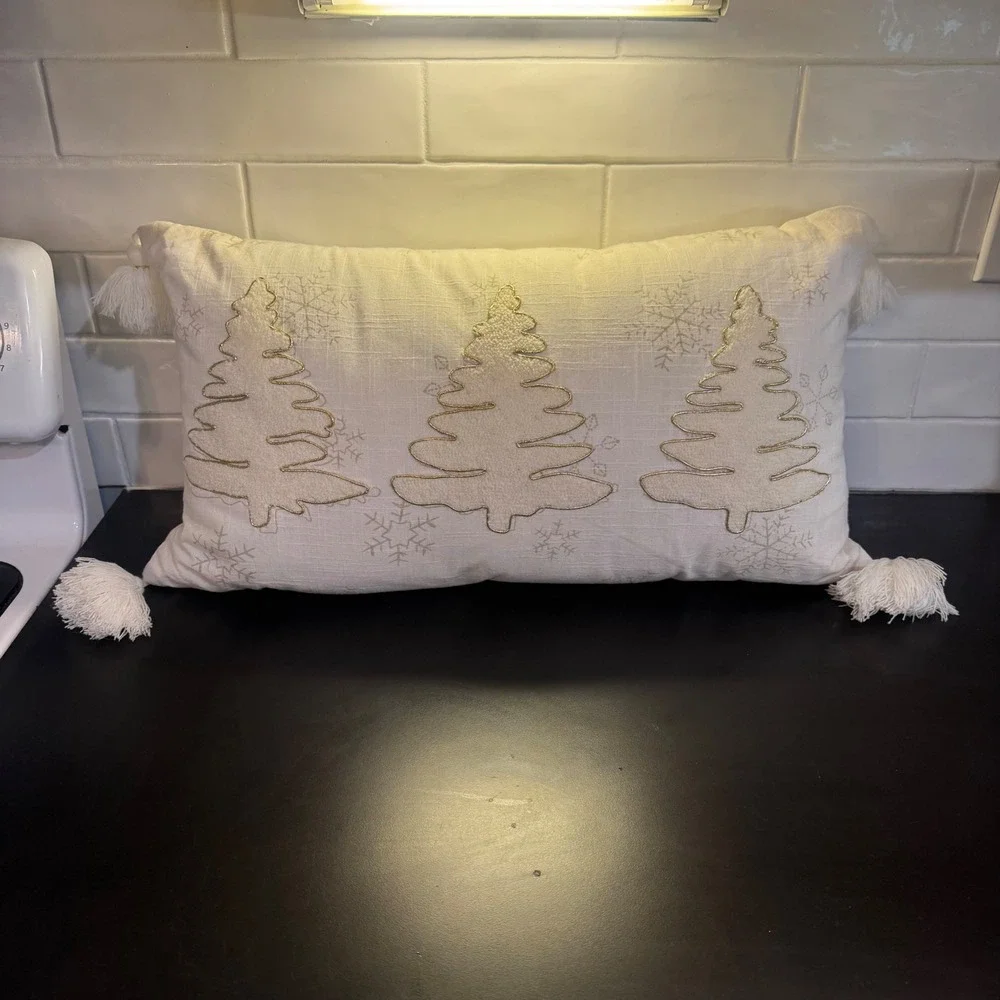 Celerie Kemble Christmas Tree Lumbar Pillow Home 13x22 Ivory Gold Tassels Decor
